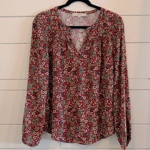 Loft Red Floral Long Sleeve Blouse - M